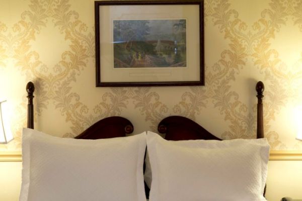 A cozy bedroom setup with two pillows, bedside lamps, a framed painting above the bed, and a small vase with roses on the left.