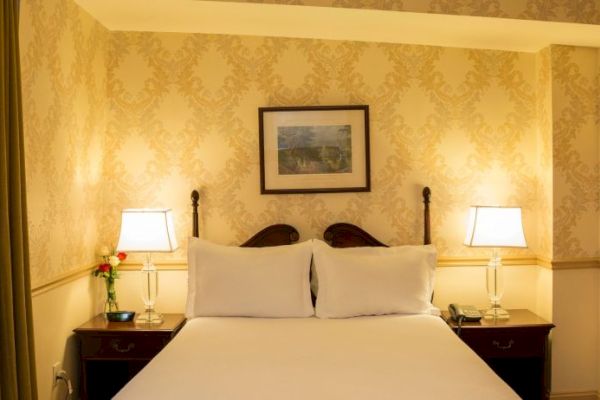 A cozy hotel room featuring a bed with two lamps, a framed picture on the wall, and elegant wallpaper.